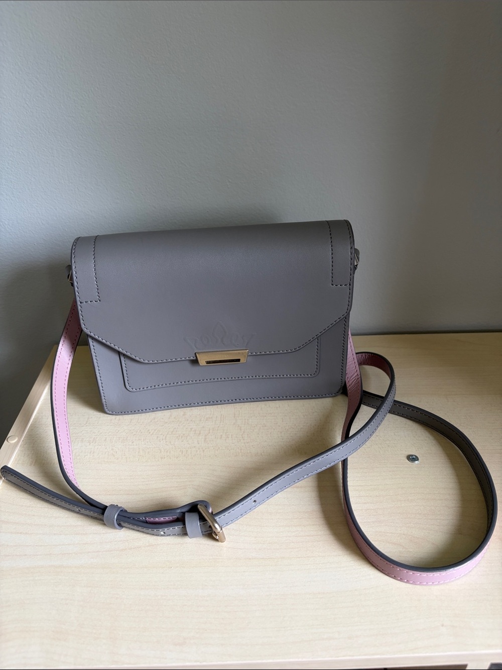 Women's Grey Crossbody Bag with Pink-Trim Strap
